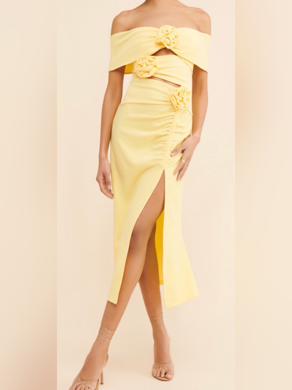 Elliatt Sardinian Midi dress- Yellow High-Slit Midi Skirt with Rosette Detail